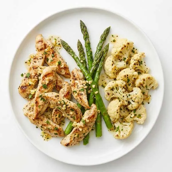 Lemon garlic chicken strips with asparagus and cauliflower medley